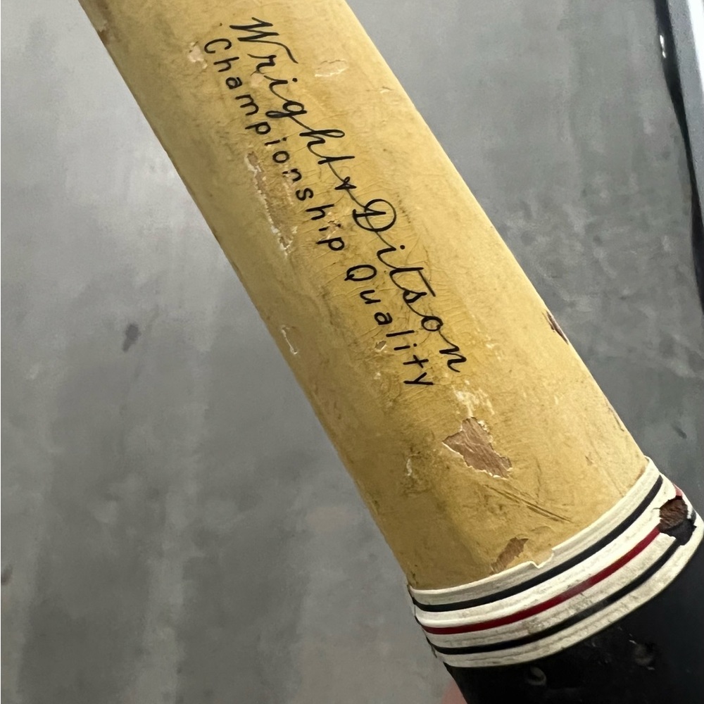 Vintage Wood Green and Ivory Colored Tennis Racquet with Leather Wrapped Handle - Picture 4 of 6